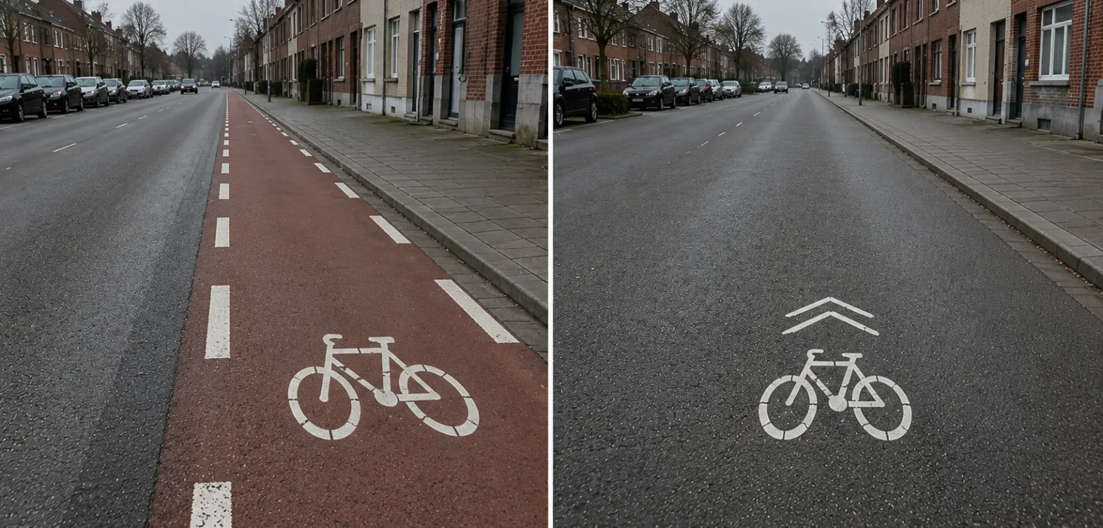 Deux vues depuis la route : à gauche une piste cyclable en revêtement rouge, bordée de deux lignes blanches discontinues ; à droite un vélo peint à même l'asphalte de la chaussée, sans aucune séparation