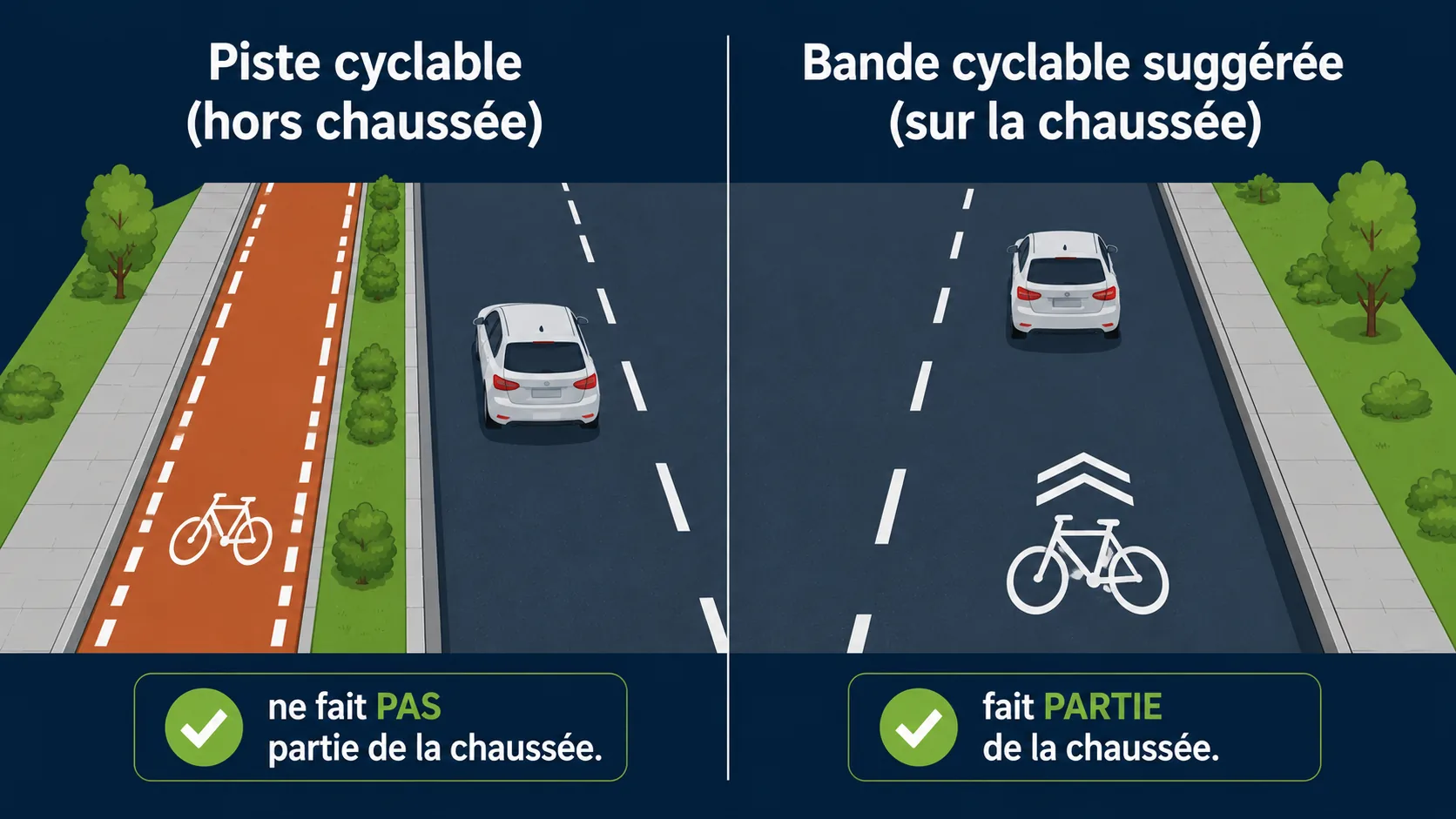 À gauche une piste cyclable séparée hors chaussée, à droite une bande cyclable suggérée peinte sur la chaussée