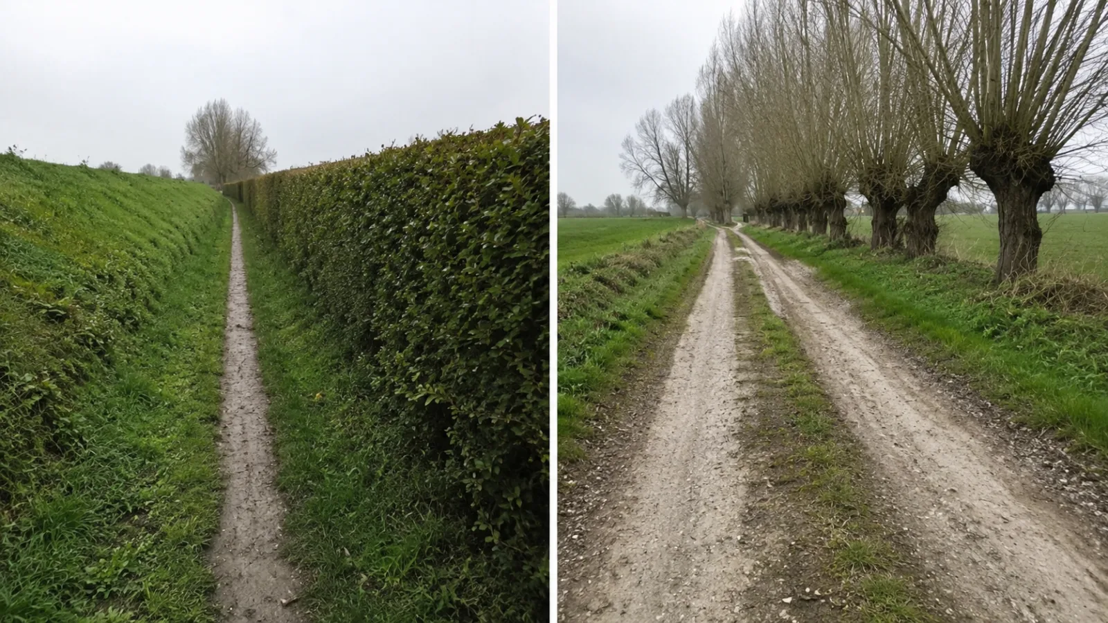 À gauche un sentier étroit entre une haie et un talus, trop étroit pour une voiture. À droite un chemin de terre à deux ornières, assez large pour une voiture, bordé de saules têtards