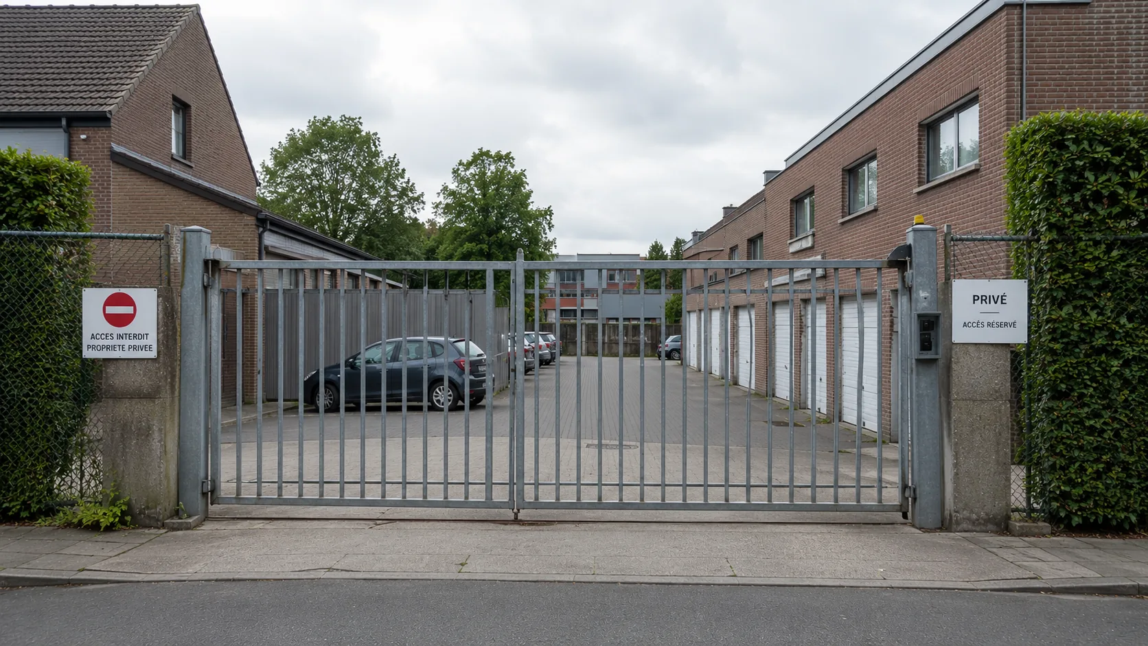 Cour privée fermée par une grille, avec un panneau « Privé, accès réservé » : un terrain non-public