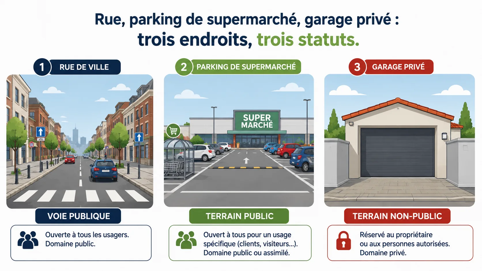 Trois endroits : rue de ville (voie publique), parking de supermarché (terrain public), garage privé (terrain non-public)