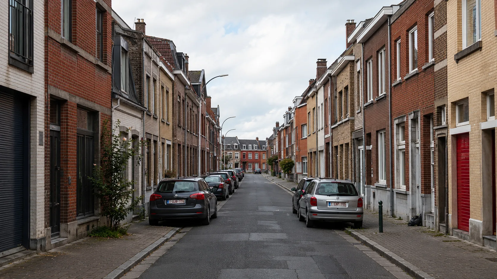 Rue résidentielle belge bordée de maisons, avec des voitures stationnées le long du trottoir : une voie publique, accessible à tous