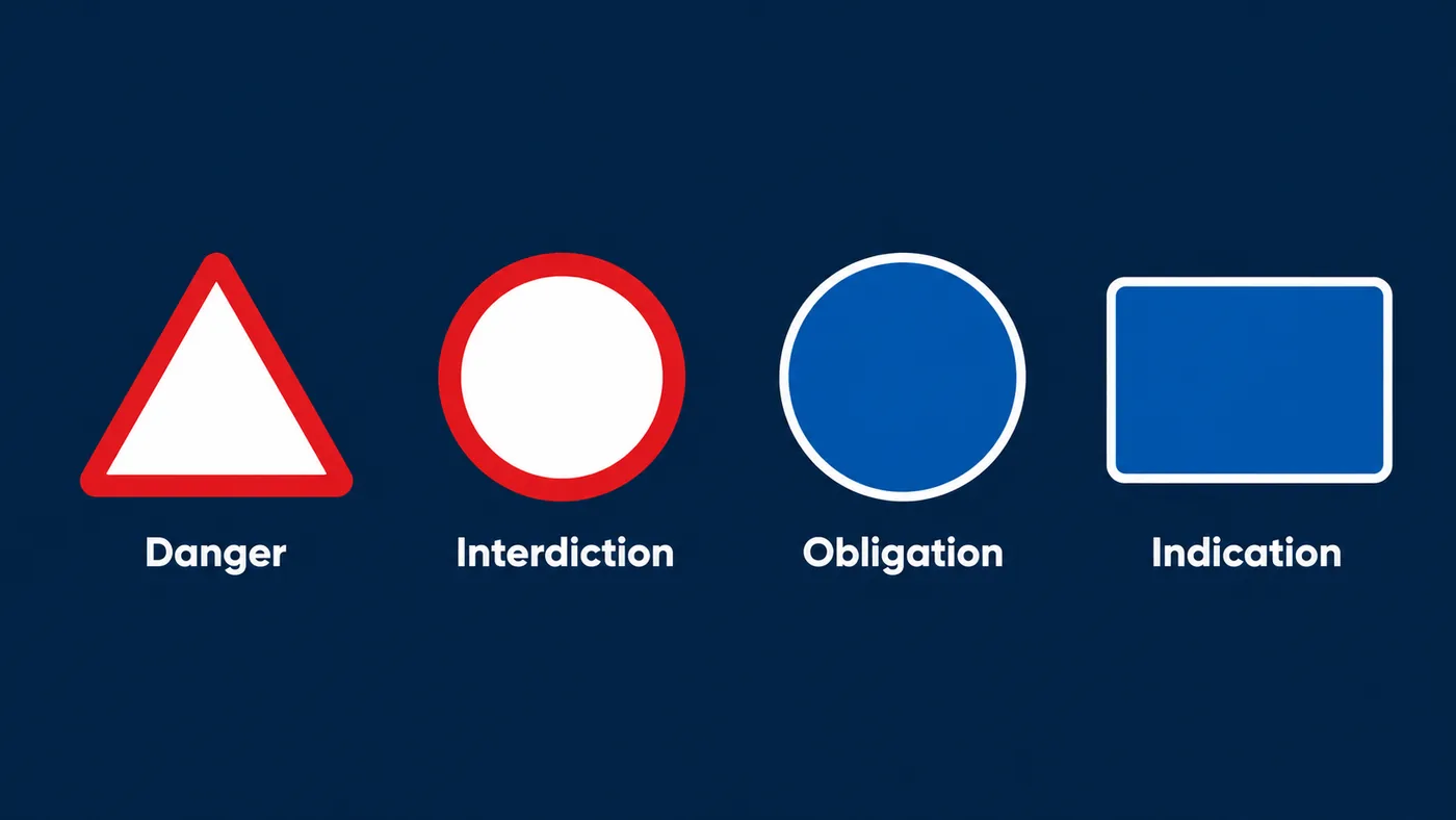 Les 4 familles : triangle danger, rond rouge, rond bleu, rectangle bleu