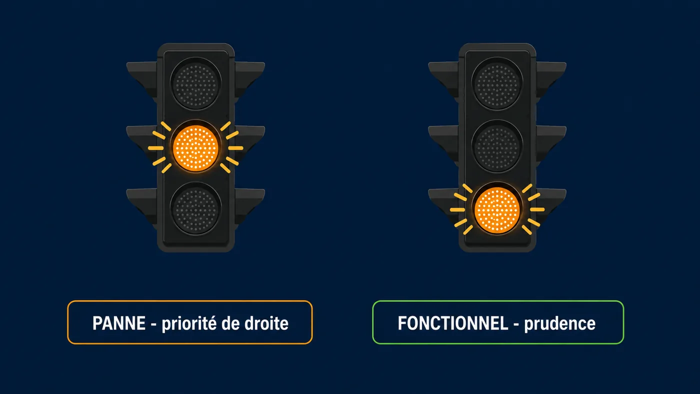 Orange clignotant au milieu, feu en panne, contre orange clignotant en bas, feu fonctionnel
