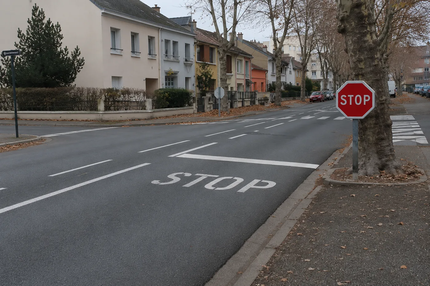 Panneau STOP avec ligne d'arrêt et mot STOP peint au sol