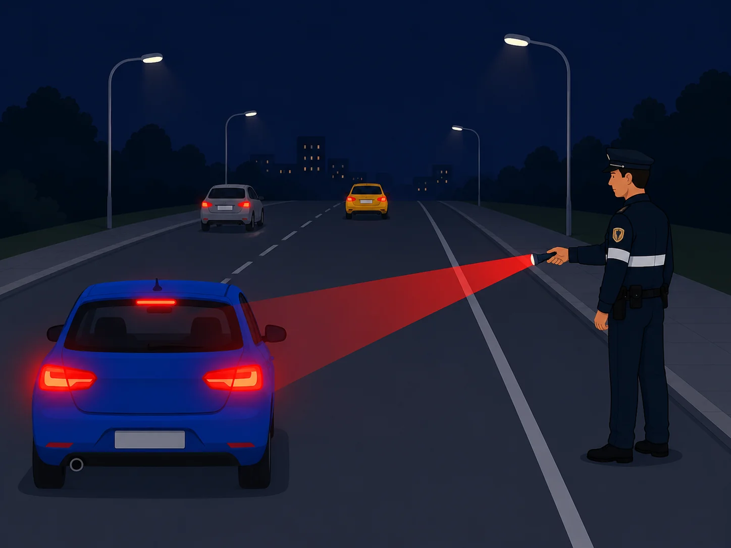 Bevoegd persoon die een rood licht naar een bestuurder zwaait