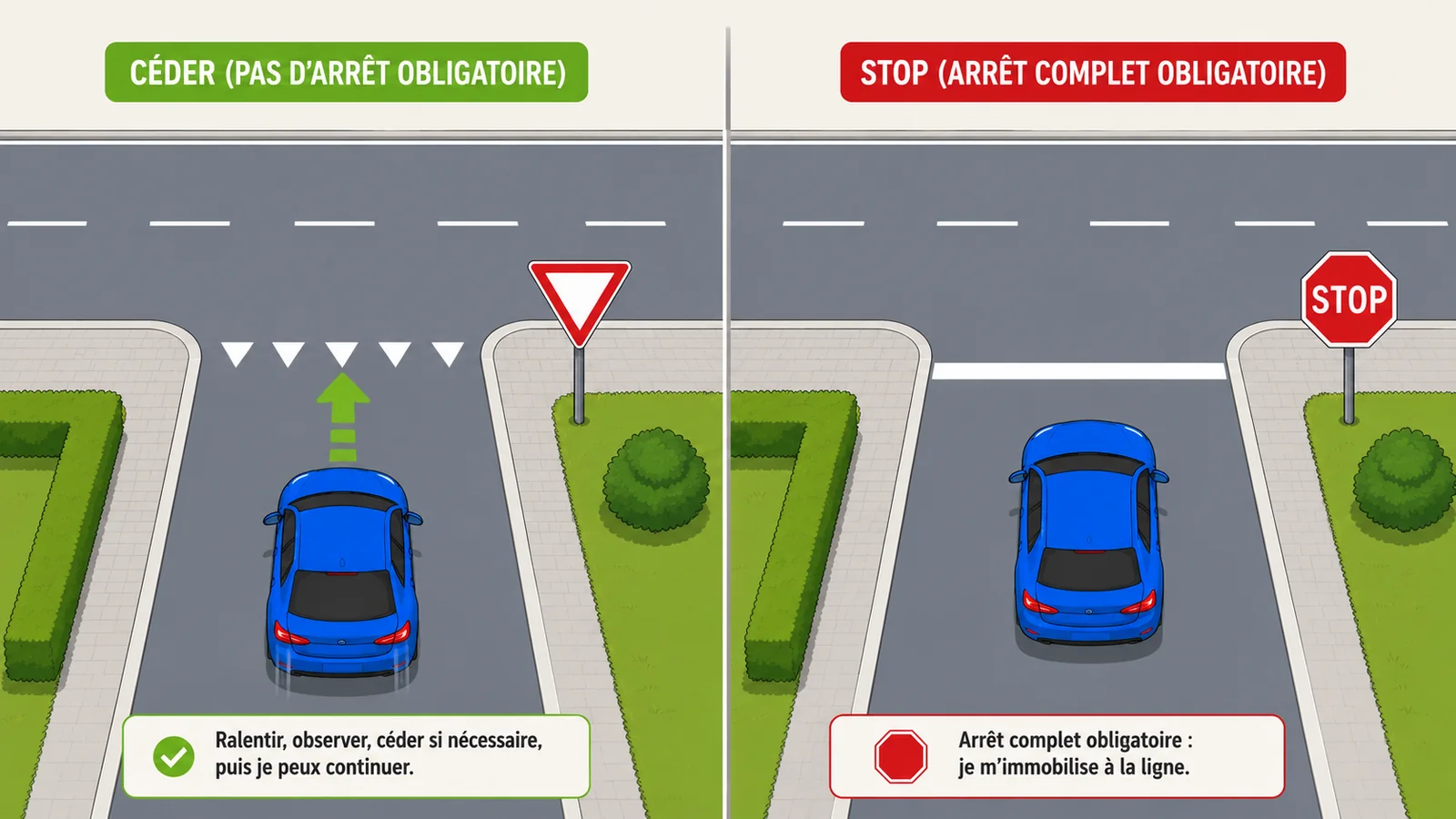 Links het voorrangsbord met haaientanden, rechts het stopbord met stopstreep