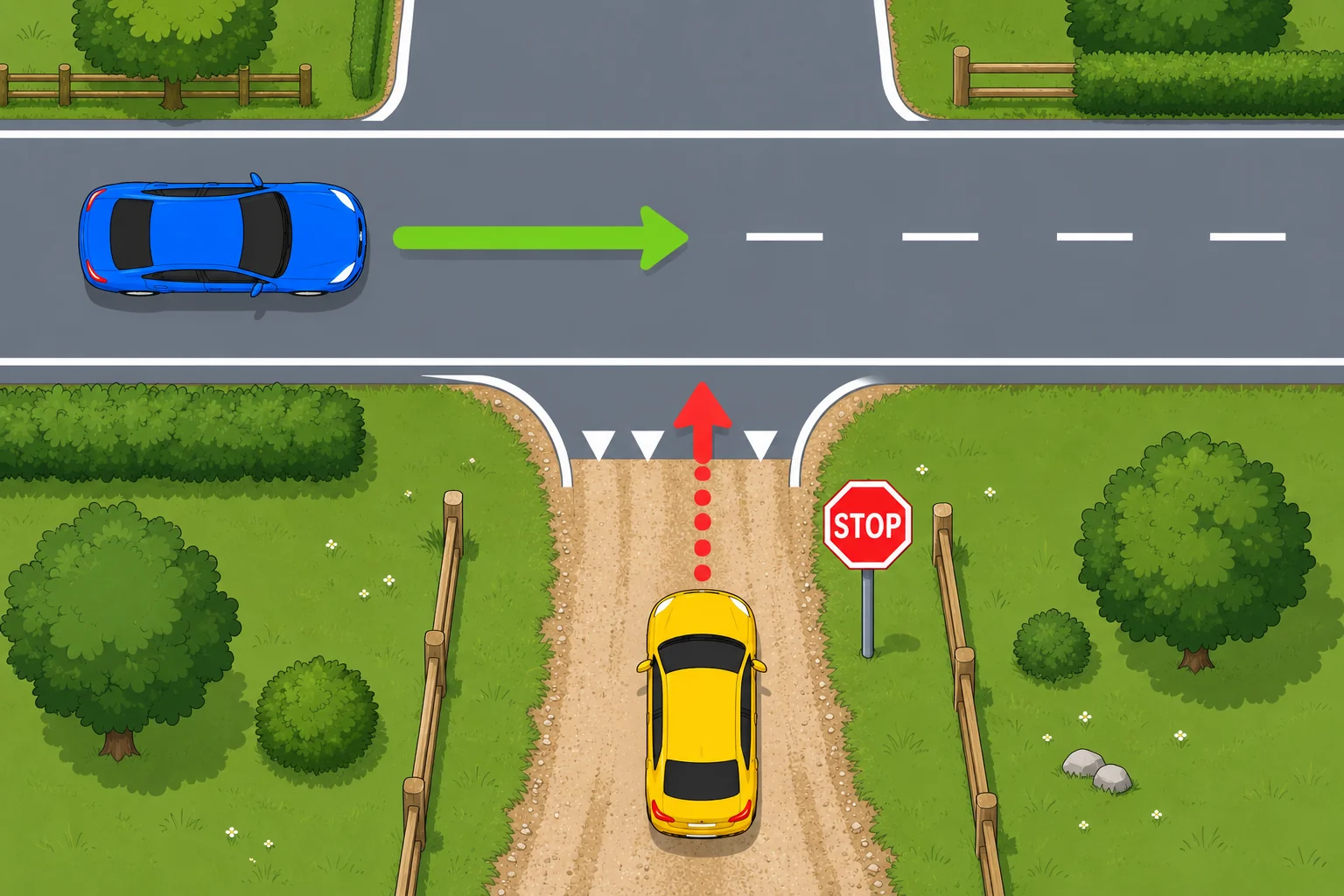 Wagen die van een aardeweg komt verleent voorrang