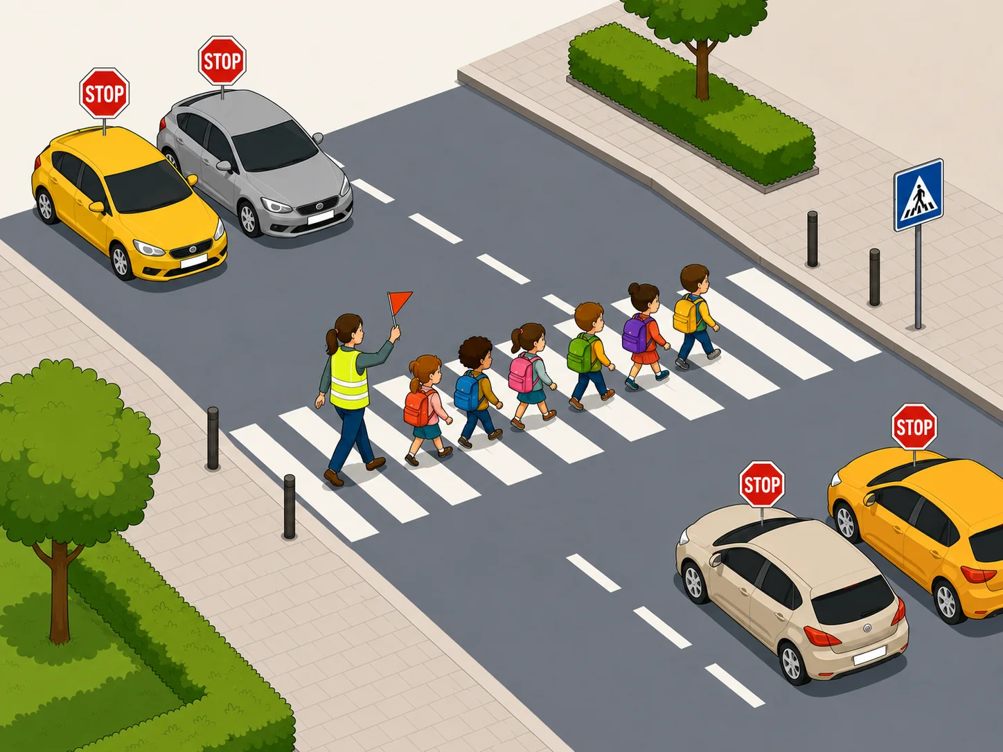 Rij kinderen die oversteekt: de wagens wachten