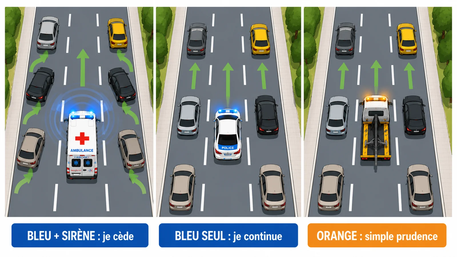 Blauw licht met sirene, blauw licht alleen, oranje licht: drie verschillende reacties