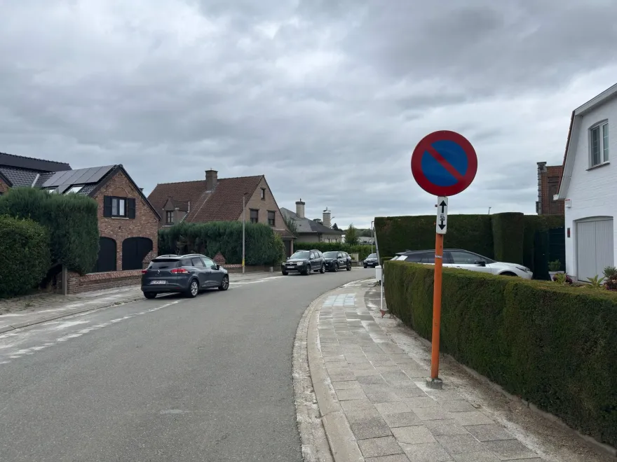 Signal de stationnement interdit portant un panneau additionnel à flèche double, en bord de rue