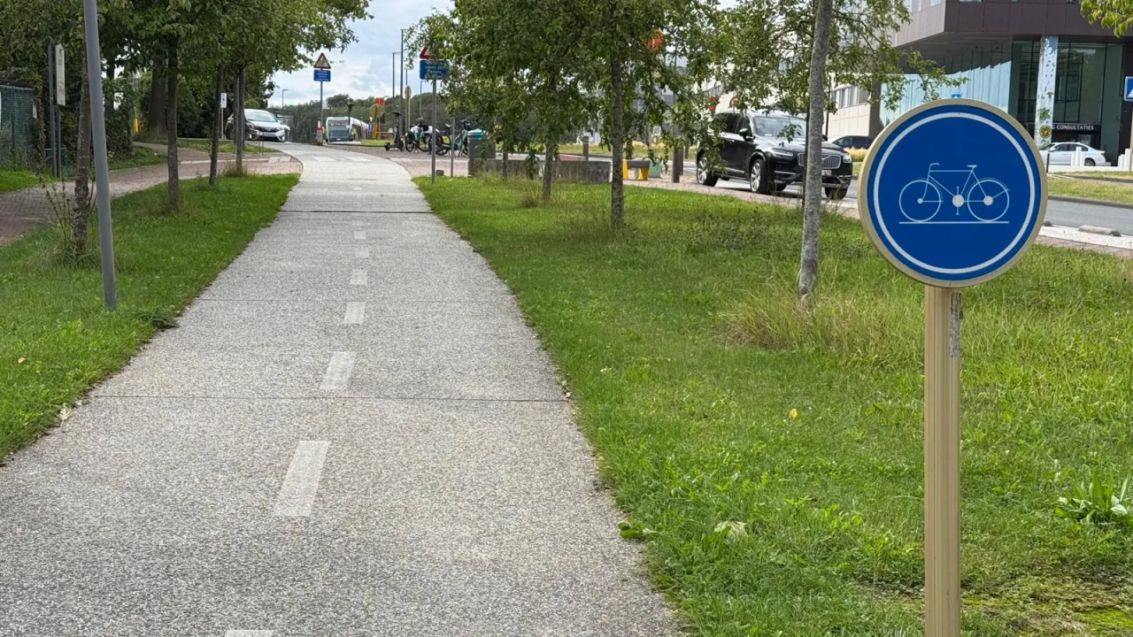Signal rond bleu portant un vélo, au bord d'une piste cyclable en site propre