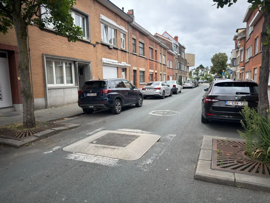 Ralentisseur surélevé en travers d'une rue résidentielle, avec un 30 peint sur la chaussée