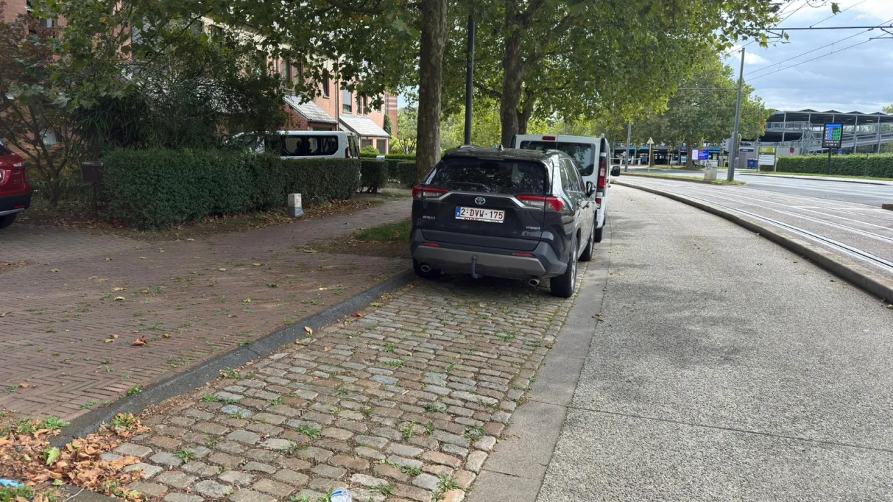 Voitures stationnées sur un accotement pavé, le long d'une avenue