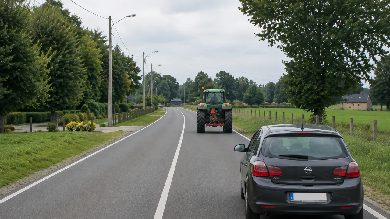 Un peu plus loin la ligne devient discontinue. Que vérifiez-vous avant de dépasser ce tracteur ?