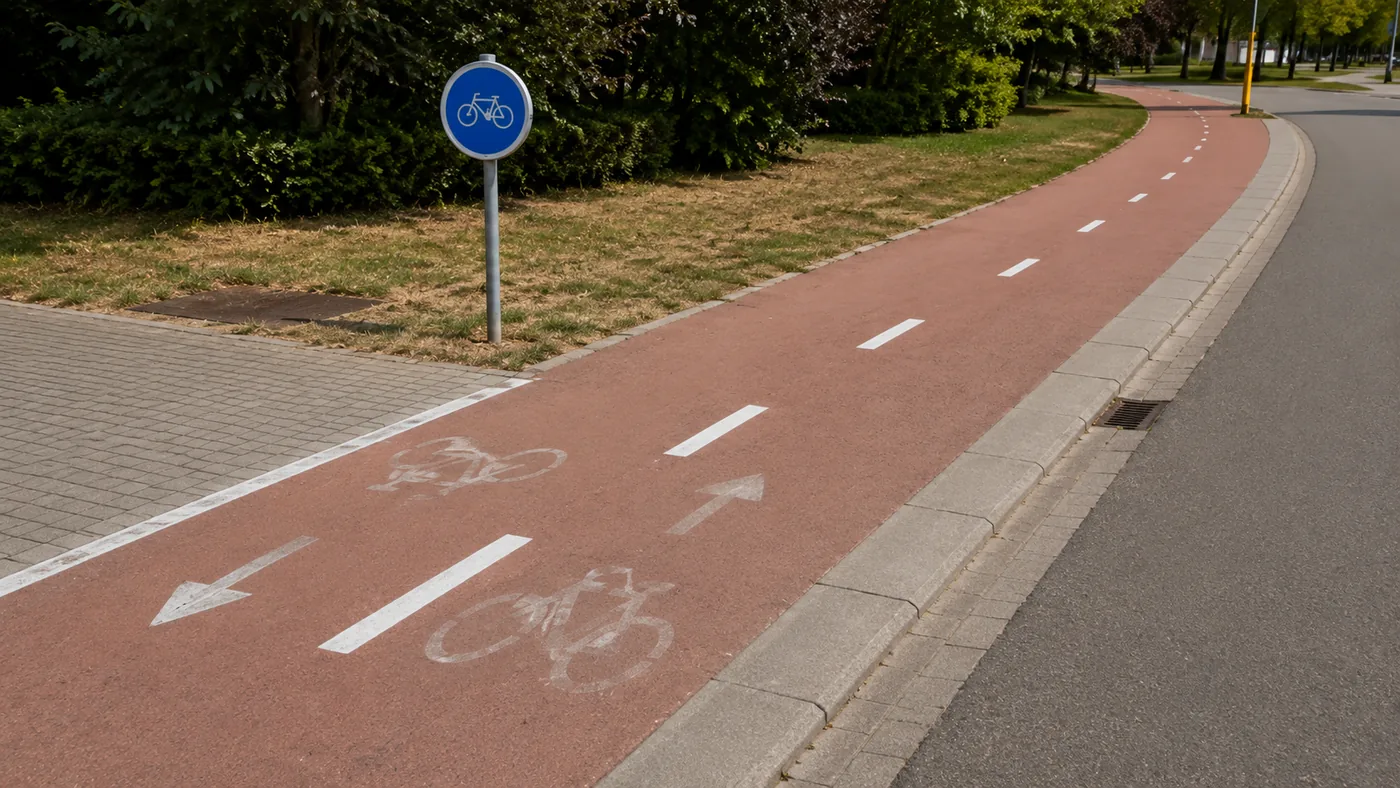 Piste cyclable séparée bordée de deux lignes blanches discontinues