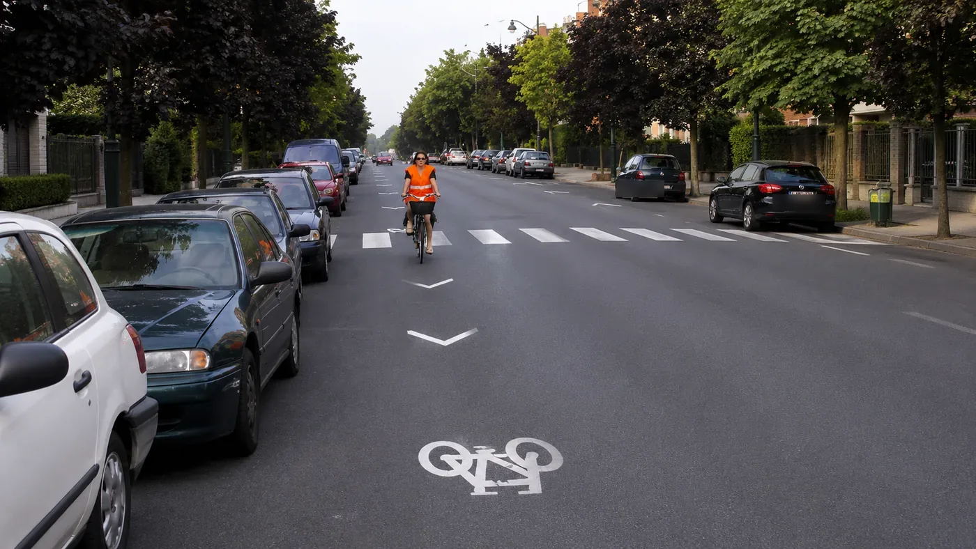 Vélo peint sur la chaussée sans séparation, bande cyclable suggérée