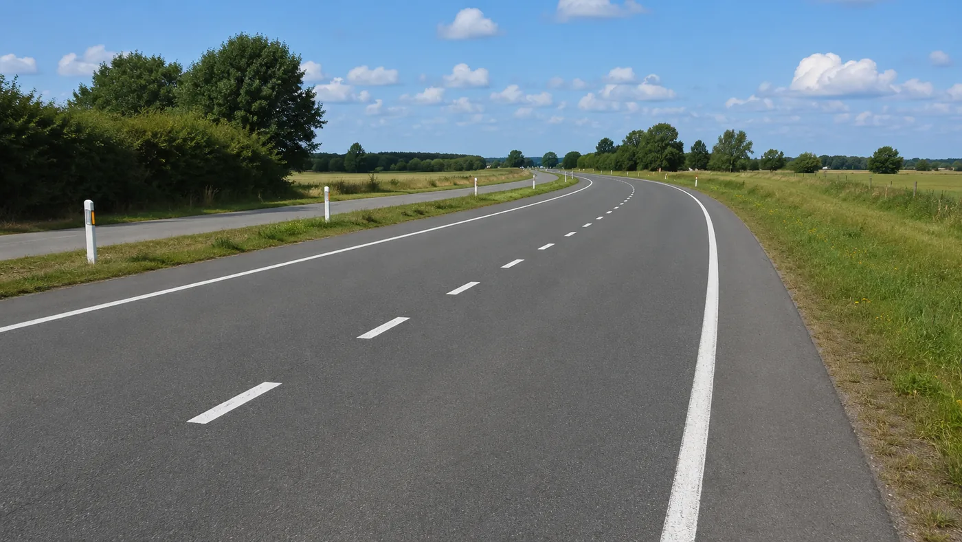 Route bordée d'une large ligne blanche continue marquant le bord fictif