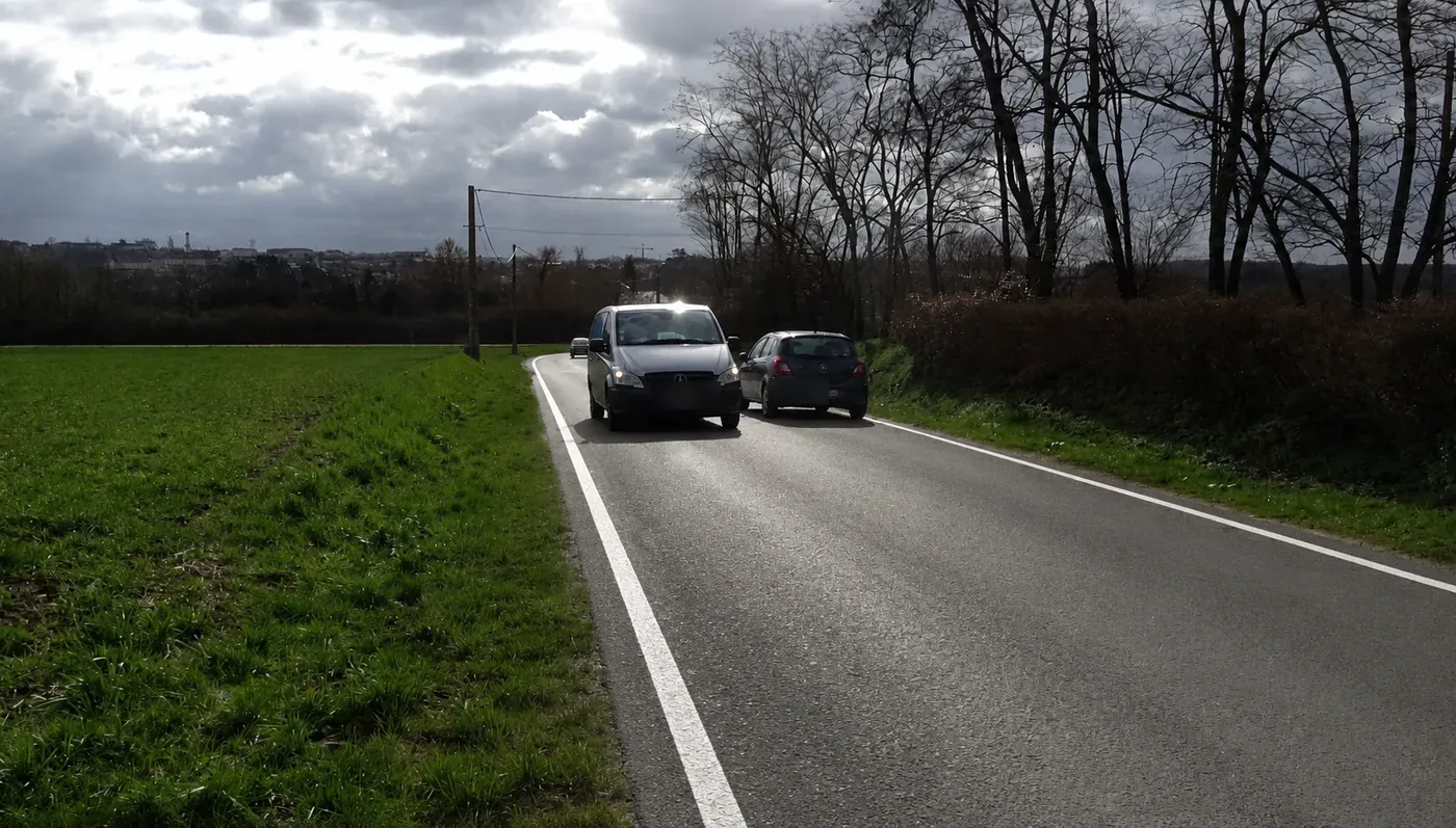 Rue étroite avec un véhicule en sens inverse et un bord fictif marqué à droite