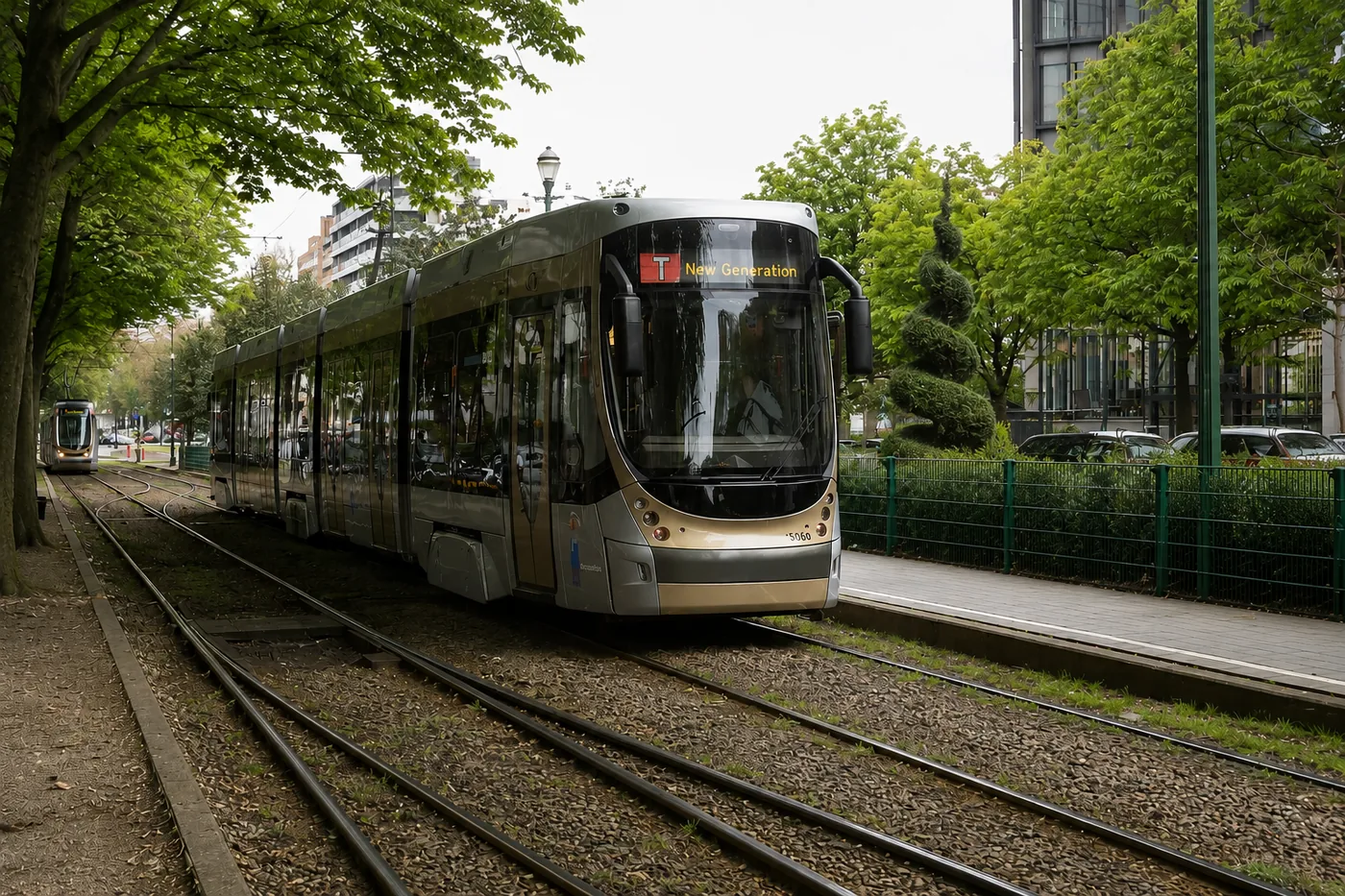 Tram approchant d'un feu de circulation en ville