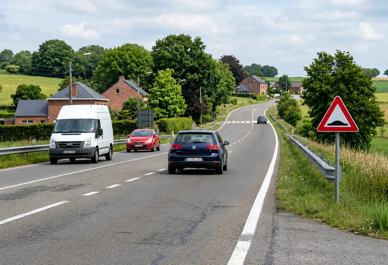 Panneau belge annonçant un dispositif surélevé, avec le ralentisseur visible plus loin sur la chaussée