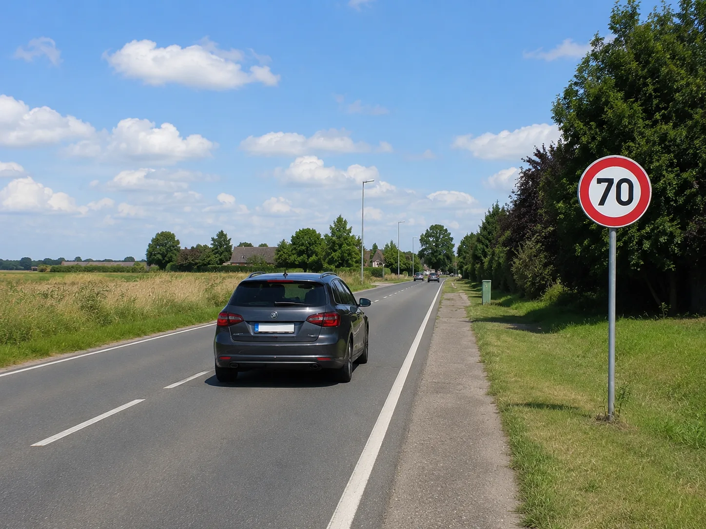 Panneau belge de limitation à 70 au bord d'une route rectiligne