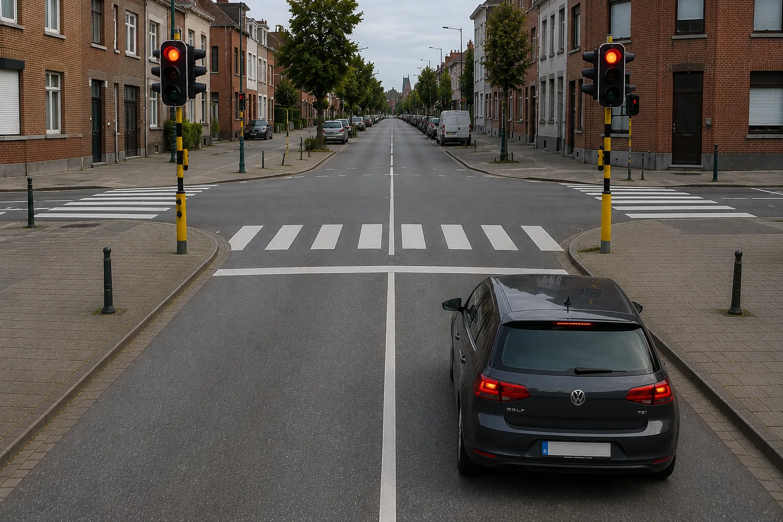 Vue de dessus d'une route belge marquée d'une ligne blanche continue dans l'axe