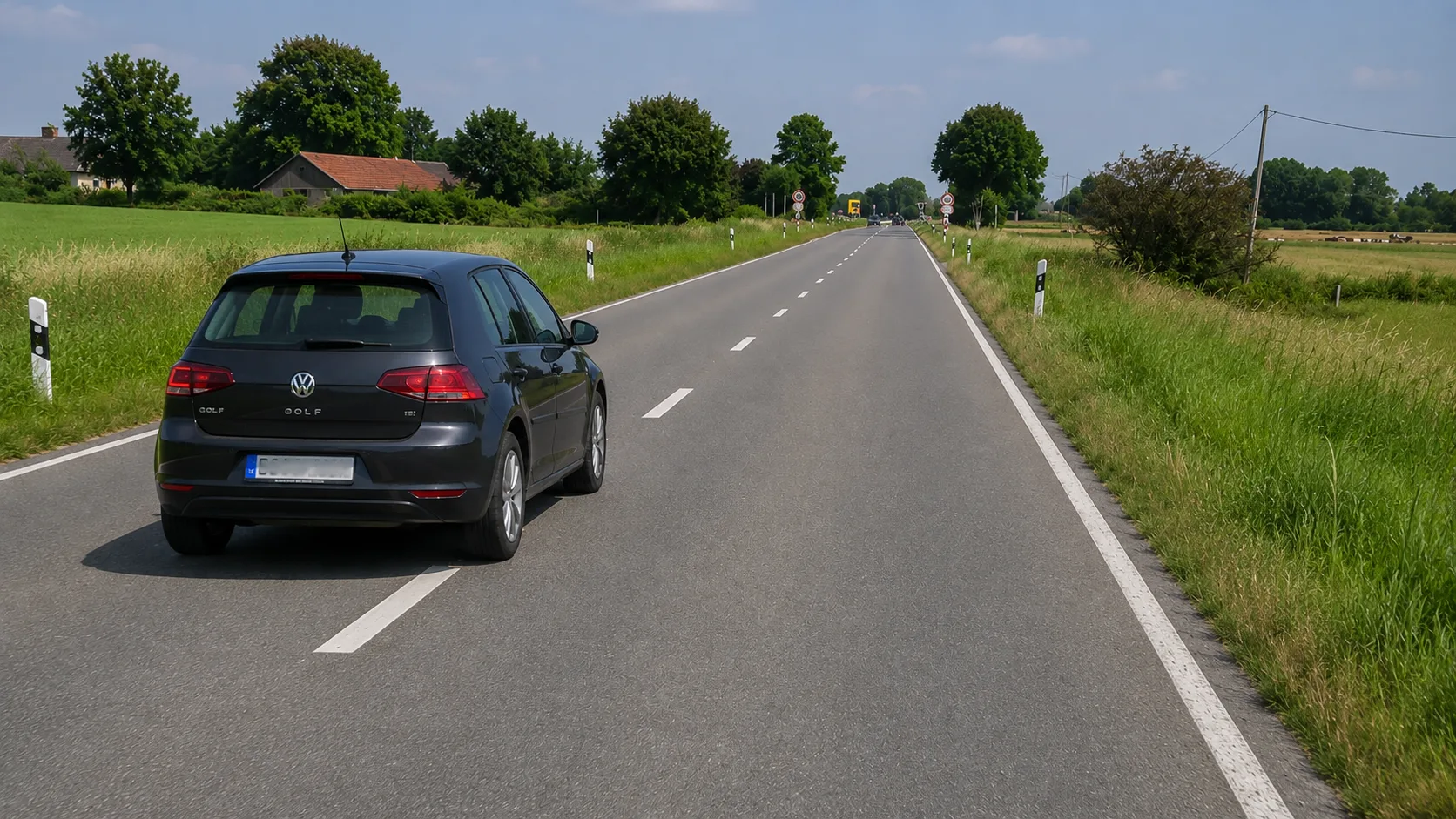 Vue conducteur d'une route belge marquée d'une ligne blanche discontinue