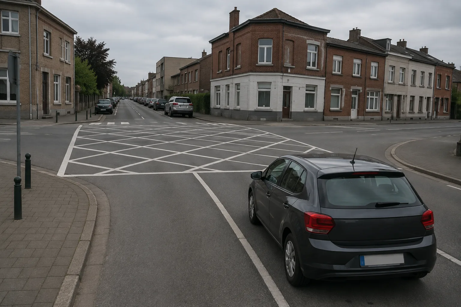 Vue de dessus d'un carrefour avec une zone marquée en damier