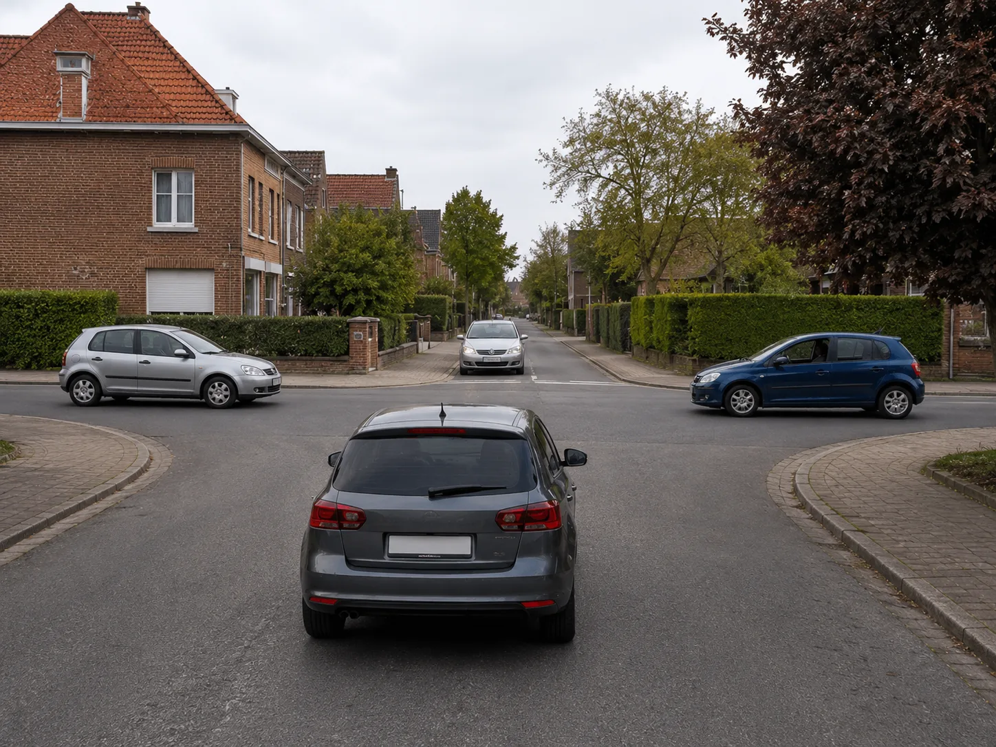 Vue de dessus d'un carrefour sans signalisation avec un véhicule arrivant de la droite