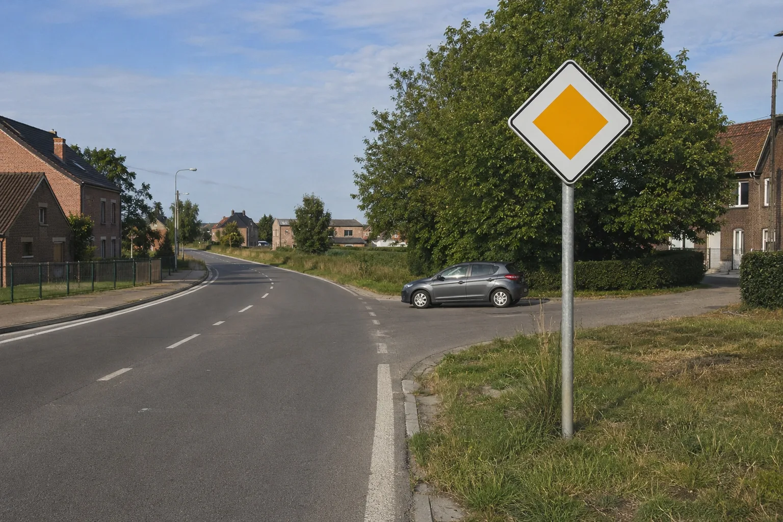 Panneau belge de voie prioritaire au bord d'une route, avec une rue latérale à droite