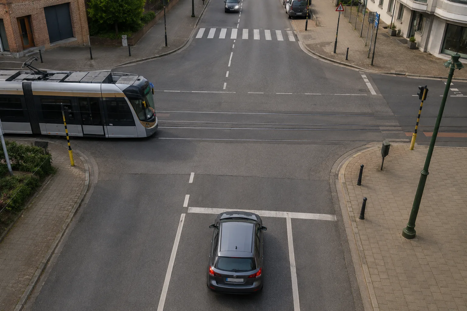 Vue de dessus d'un carrefour avec un tram arrivant de la gauche sur ses rails