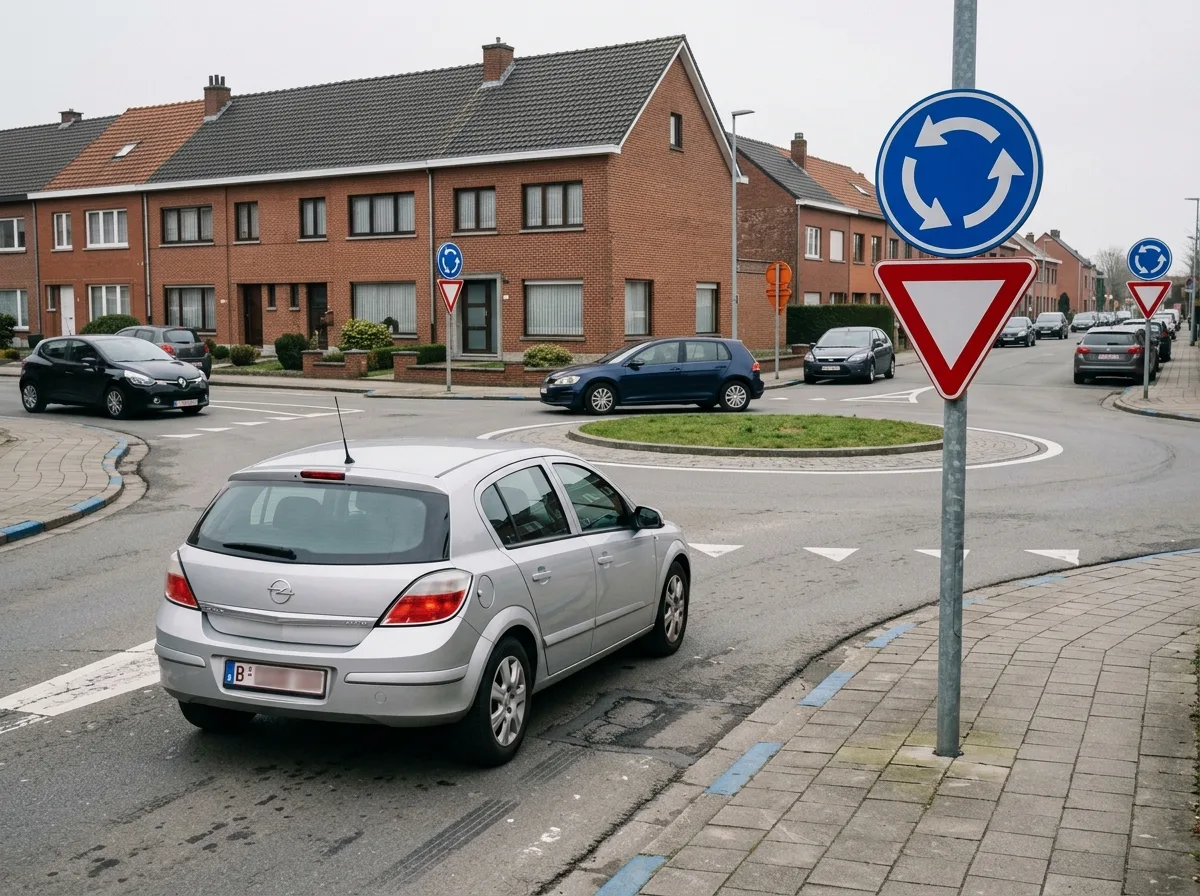 Vue de dessus d'un rond-point belge avec un véhicule déjà engagé dans l'anneau