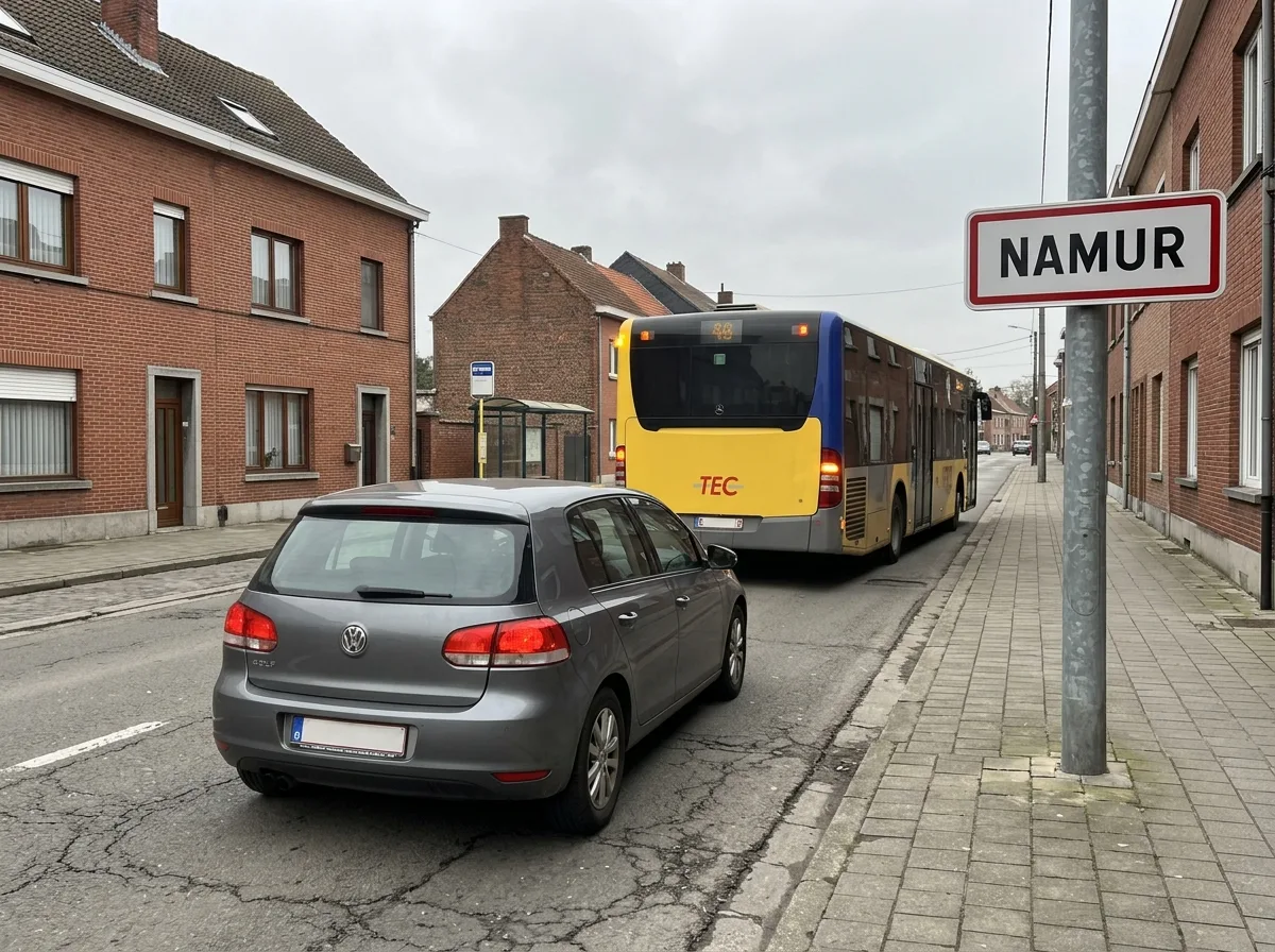 Bus urbain à son arrêt avec le clignotant gauche allumé, vu depuis un véhicule derrière