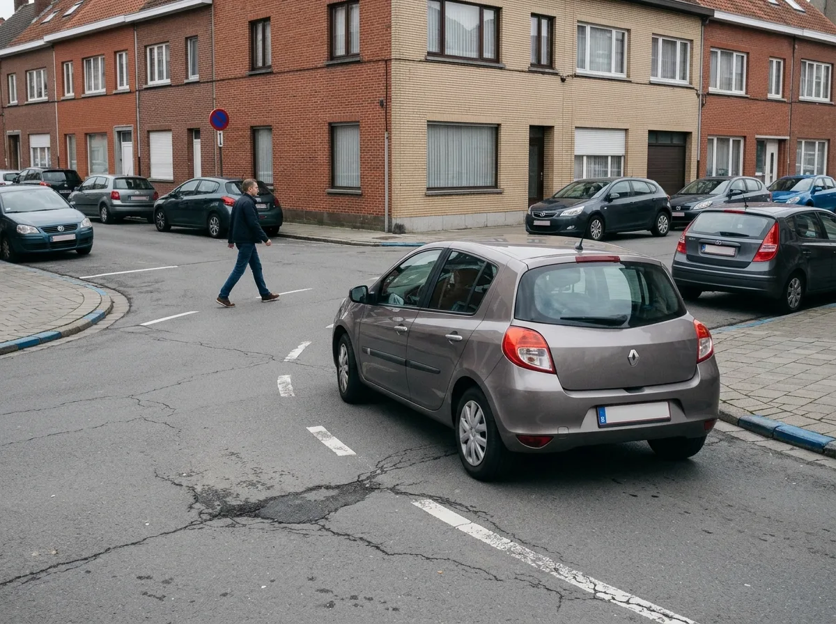 Vue de dessus d'un véhicule tournant à droite alors qu'un piéton traverse la rue transversale