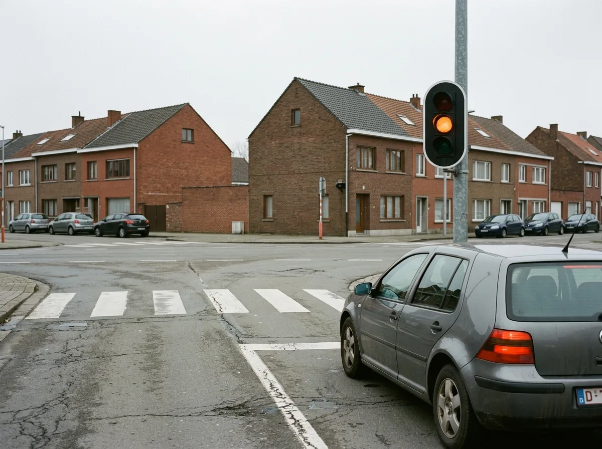Feu tricolore belge sur poteau affichant l'orange fixe, vu depuis le poste de conduite