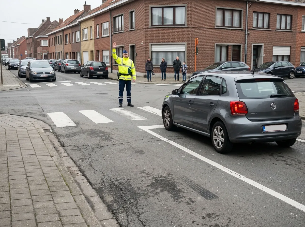 Agent de police réglant la circulation, bras levé verticalement