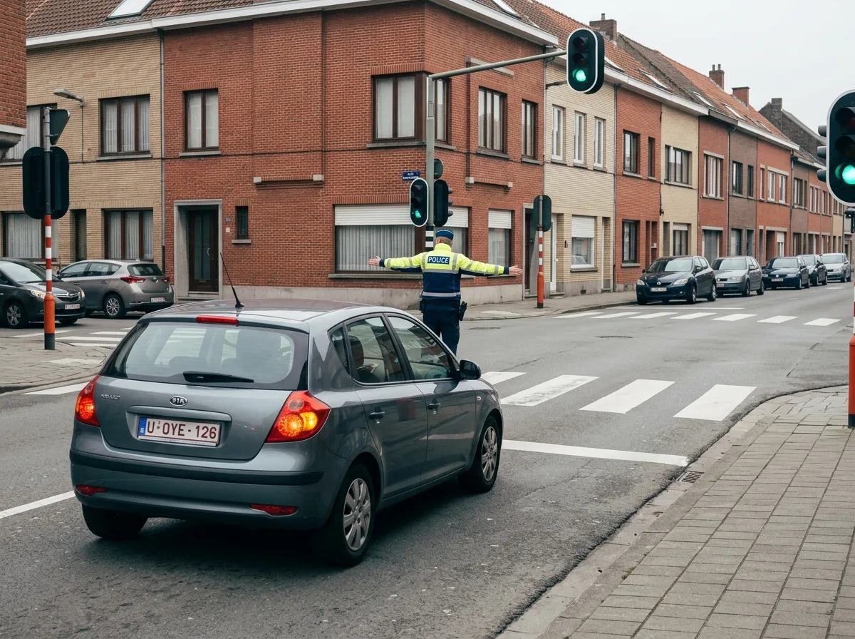 Agent réglant la circulation bras tendus alors que le feu tricolore est au vert