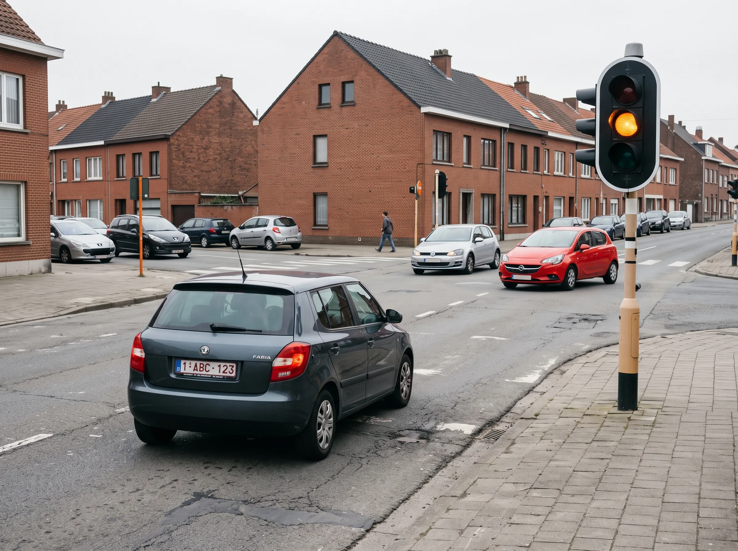 Vue de dessus d'un véhicule sortant d'un parking privé et coupant le trottoir