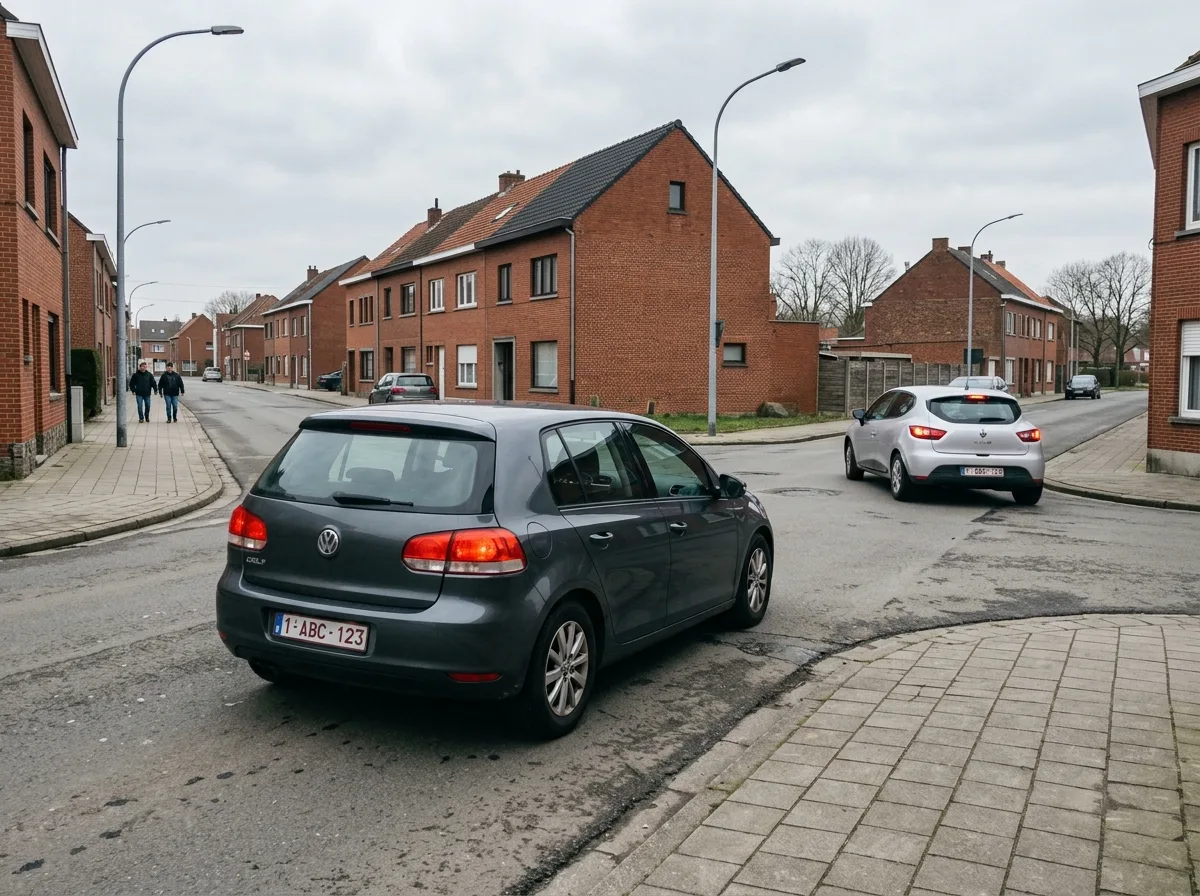 Vue de dessus d'un carrefour sans signalisation avec deux véhicules arrivant de gauche et de droite