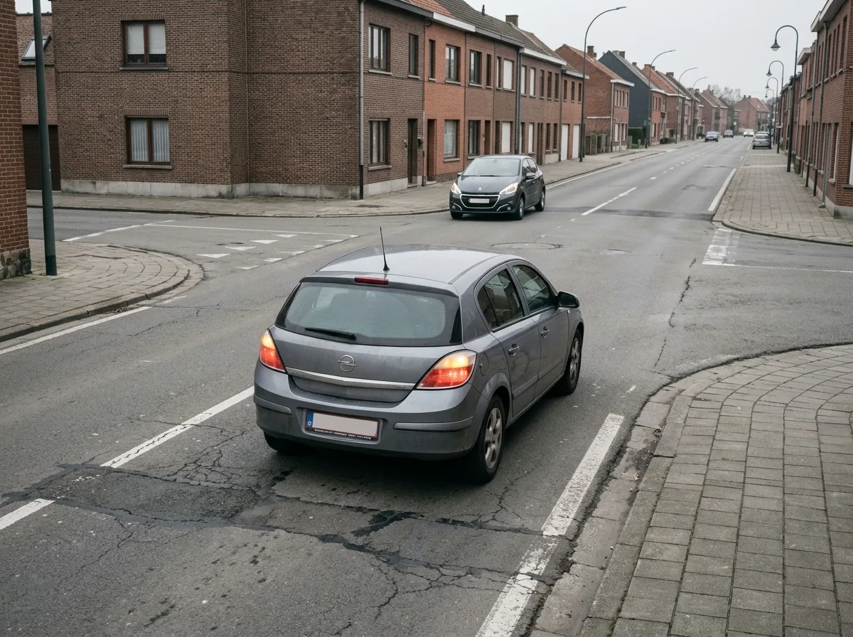 Vue de dessus d'un véhicule tournant à gauche devant un véhicule venant en sens inverse