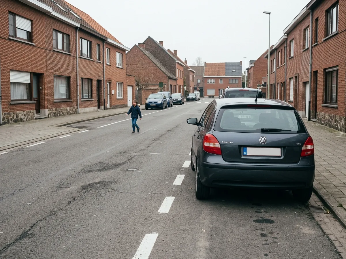 Rue en zone résidentielle belge avec un enfant jouant sur la voirie de plain-pied