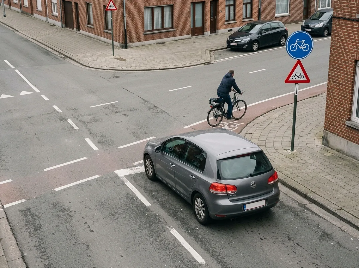Vue de dessus d'un véhicule tournant à droite et coupant une piste cyclable occupée par un cycliste