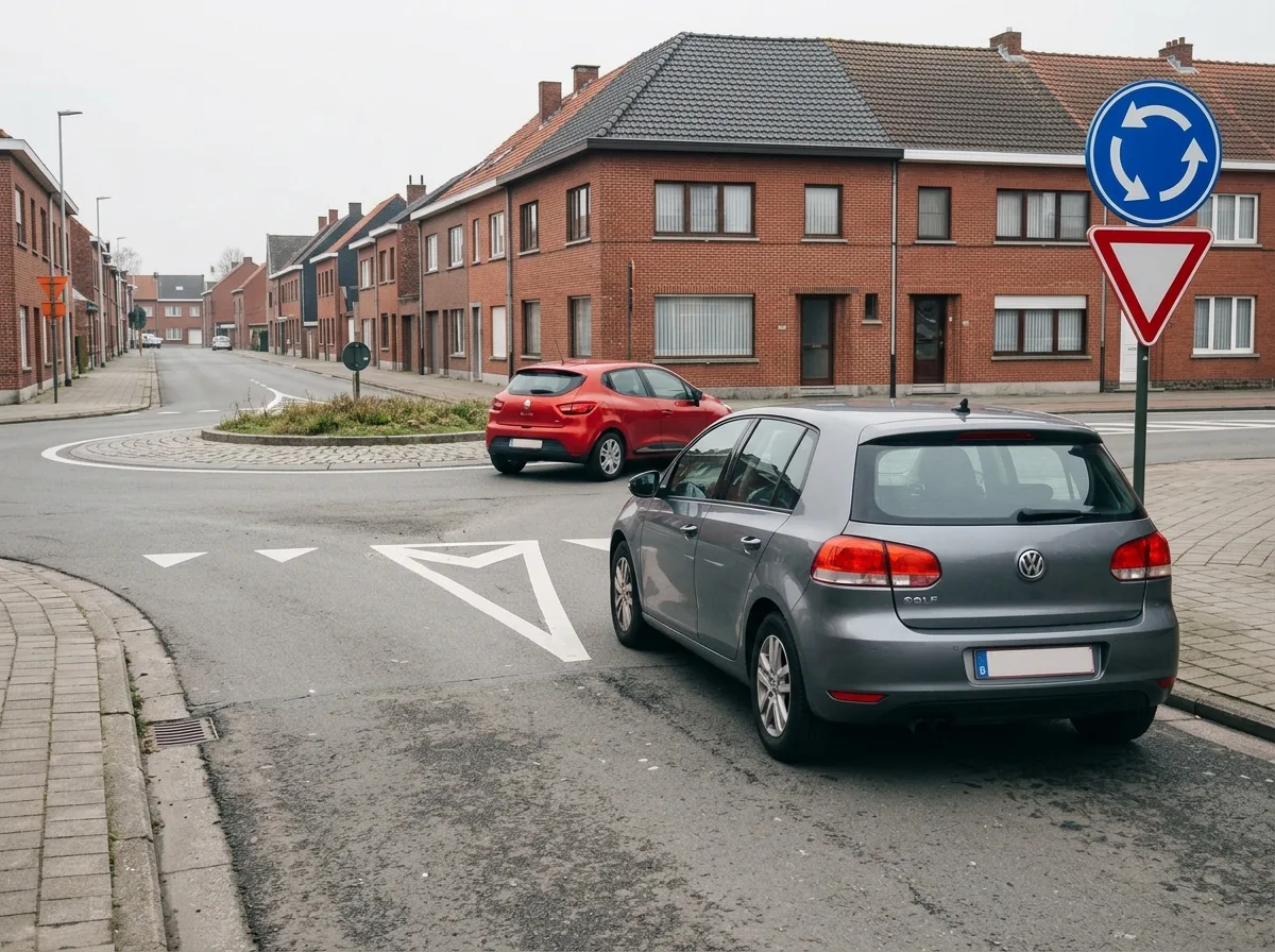 Vue conducteur à l'approche d'un rond-point belge à une bande, signalé D5
