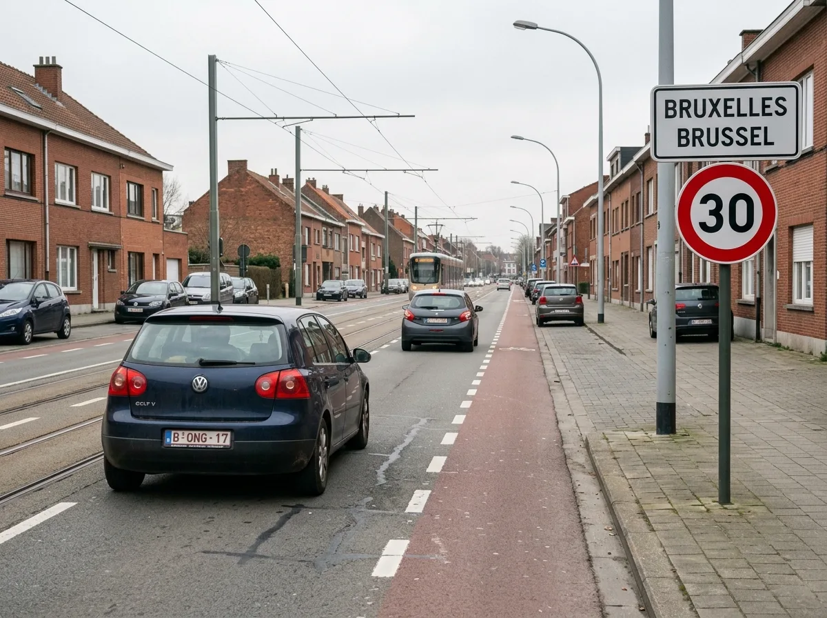 Signal d'agglomération bilingue à l'entrée d'une commune bruxelloise, rails de tram au centre de la chaussée