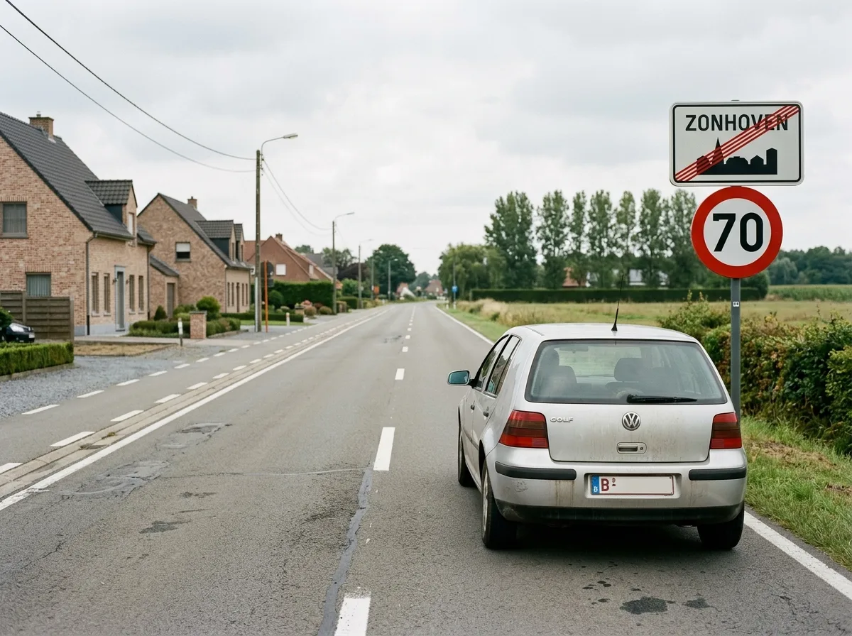Signal de fin d'agglomération en Flandre au bord d'une route de campagne à deux bandes