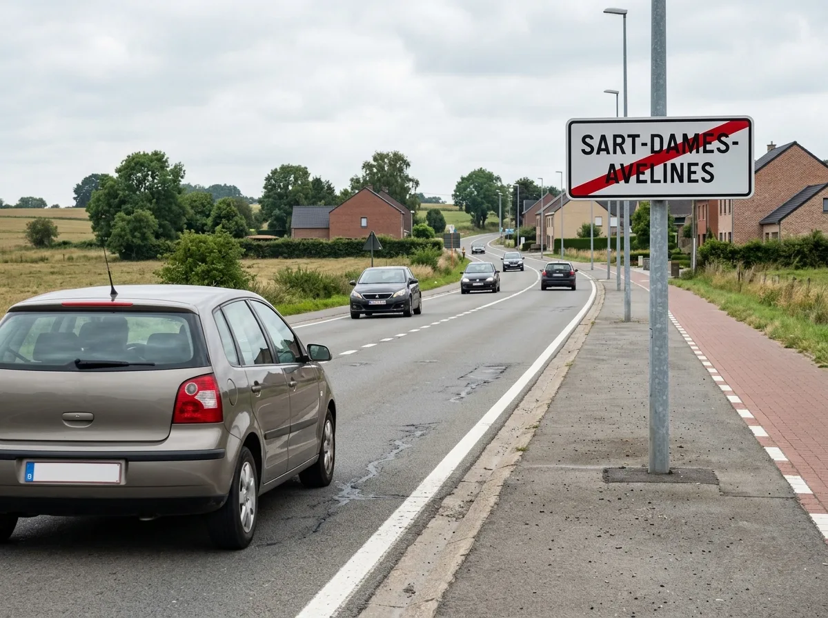 Signal de fin d'agglomération en Wallonie au bord d'une route de campagne vallonnée