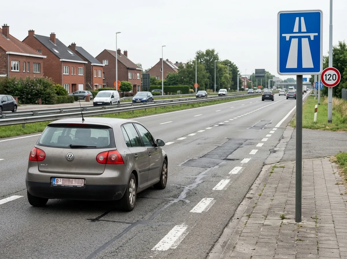 Entrée d'autoroute belge avec le panneau F5 et une berme centrale séparant les deux sens