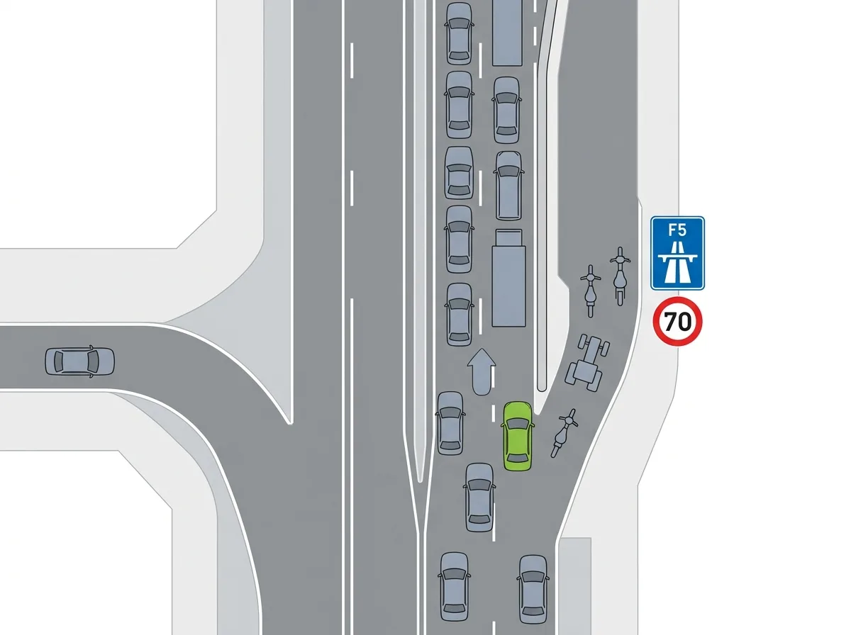 Schéma des véhicules admis et refusés à l'entrée d'une autoroute, avec un embouteillage signalé comme non fautif