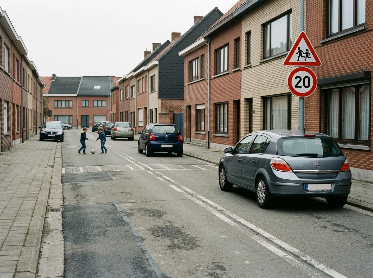 Entrée d'une zone résidentielle belge, rue de plain-pied avec des enfants qui jouent et une voiture qui roule au pas